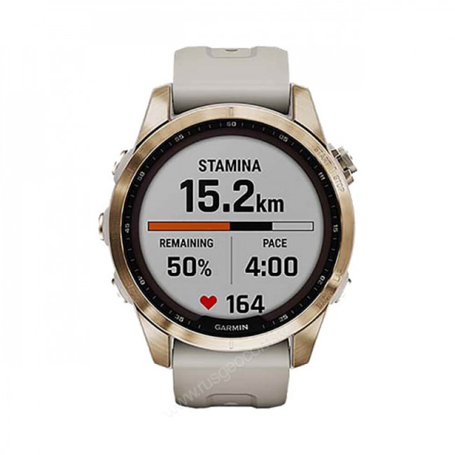 Часы Garmin Fenix 7S Sapphire Solar титановый кремово-золотой с светло-песочным силиконовым ремешком