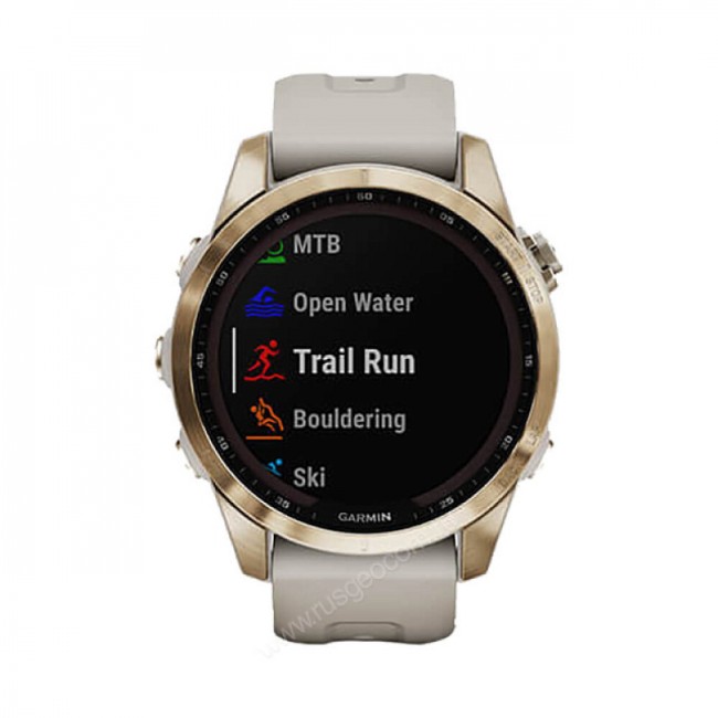 Часы Garmin Fenix 7S Sapphire Solar титановый кремово-золотой с светло-песочным силиконовым ремешком