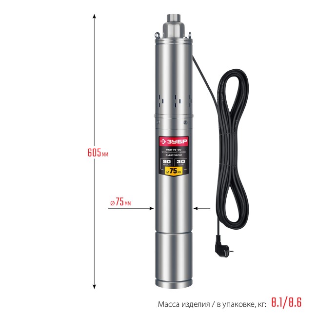Скважинный насос винтовой НСВ-75-90 ЗУБР 550 Вт, 90 м напор